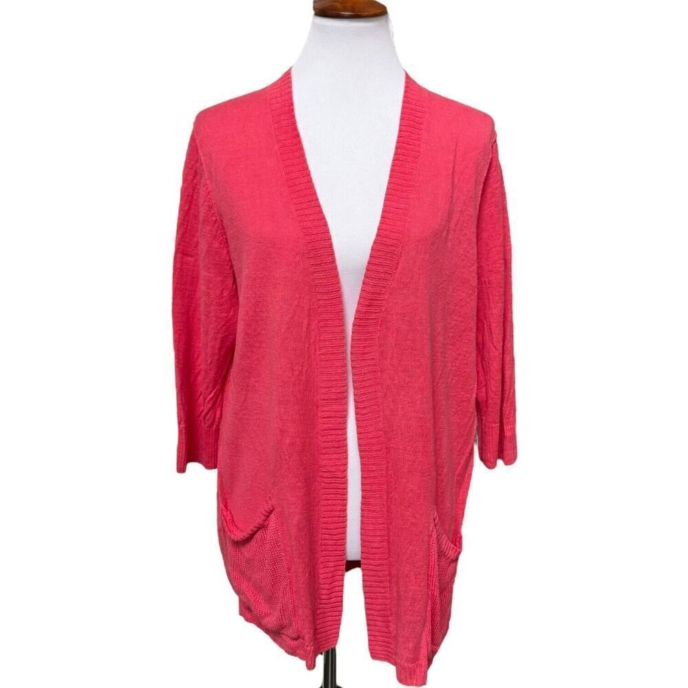 J. Jill Coral Pink Linen Cardigan Sweater Long Sleeve Open Front Pockets LARGE
